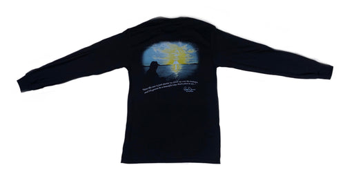 Back profile of the Bill Dance “Beautiful Day” long sleeve t-shirt in black showing a graphic of sunrise and a Bill Dance quotation 