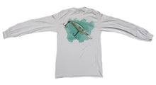 Load image into Gallery viewer, Back profile of the Bill Dance long sleeve “Fat Free Shad Lure” shirt in white showing the Shad watercolor screen-printed on back of garment 