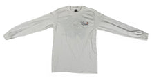 Load image into Gallery viewer, Front profile of the Bill Dance long sleeve “Fat Free Shad Lure” shirt in white showing the Bill Dance autograph logo on chest of garment 