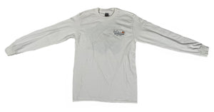 Front profile of the Bill Dance long sleeve “Fat Free Shad Lure” shirt in white showing the Bill Dance autograph logo on chest of garment 