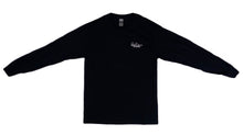 Load image into Gallery viewer, Front profile of the Bill Dance “Work” long sleeve t-shirt in black showing the Bill Dance autograph printed on chest of garment 