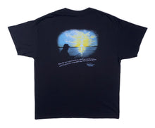 Load image into Gallery viewer, Back profile of the Bill Dance “Beautiful Day” short sleeve t-shirt in black showing a graphic of sunrise and a Bill Dance quotation 