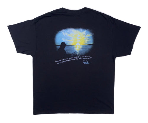 Back profile of the Bill Dance “Beautiful Day” short sleeve t-shirt in black showing a graphic of sunrise and a Bill Dance quotation 