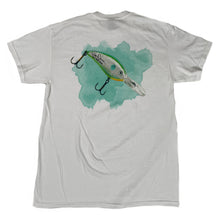 Load image into Gallery viewer, Back profile of the Bill Dance short sleeve “Fat Free Shad Lure” shirt in white showing the Shad watercolor screen-printed on back of garment 