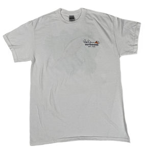 Front profile of the Bill Dance short sleeve “Fat Free Shad Lure” shirt in white showing the Bill Dance autograph logo on chest of garment 