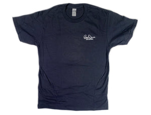 Front profile of the Bill Dance “Work” short sleeve t-shirt in black showing the Bill Dance autograph printed on chest of garment 