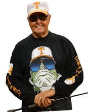 Load image into Gallery viewer, Bill Dance wearing the Bill Dance long sleeve logo t-shirt in black and holding a fishing rod while smiling 