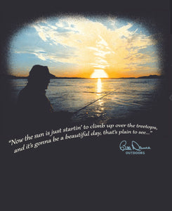 Close up of sunrise and a Bill Dance quotation printed on the Beautiful Day long sleeve t-shirt