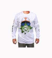 Load image into Gallery viewer, Front profile of the Bill Dance long sleeve logo t-shirt in white showing the Bill Dance cartoon bass logo
