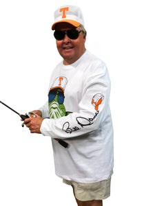 Bill Dance wearing the Bill Dance long sleeve logo t-shirt in white and holding a fishing rod while smiling