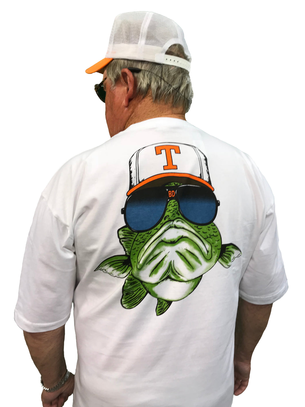 Back profile of the Bill Dance short sleeve logo t-shirt in white showing the Bill Dance cartoon bass logo